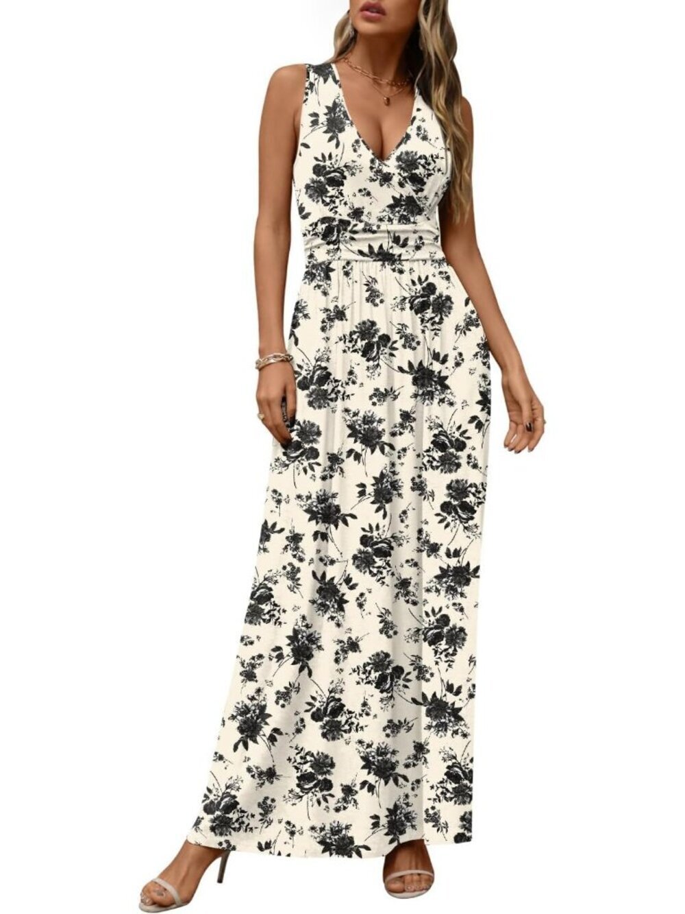 Women's Ink Rose Sleeveless Summer Casual Formal Long Pockets Maxi Dress